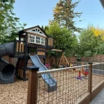 A backyard play structure featuring a slide and two swings, surrounded by grass and trees.